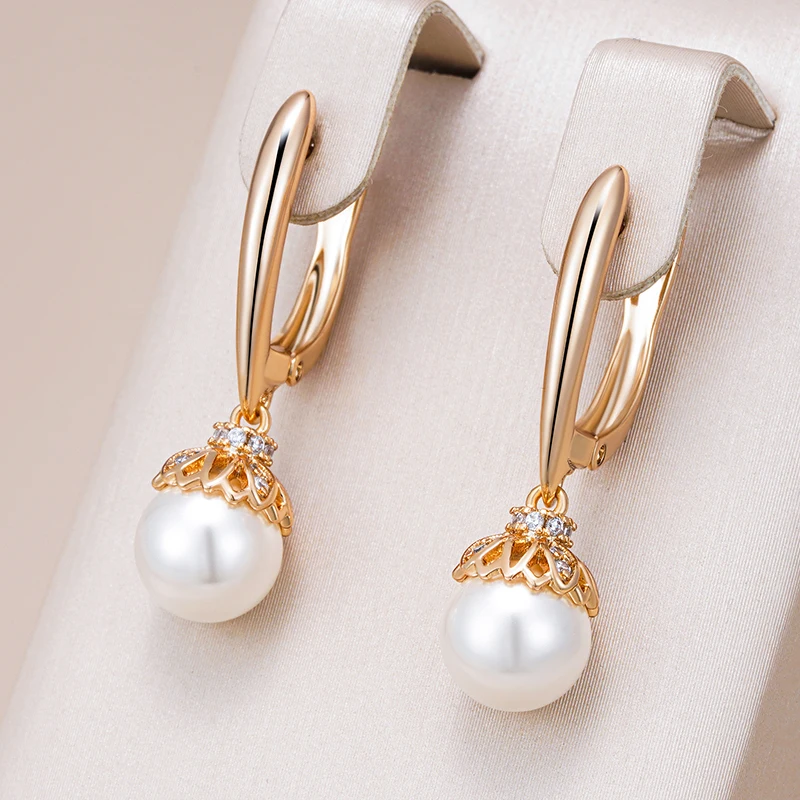 Kinel Hot 585 Rose Gold Color Pearl Long Drop Earrings for Women Unique Natural Zircon Accessories Metal Flower Wedding Jewelry