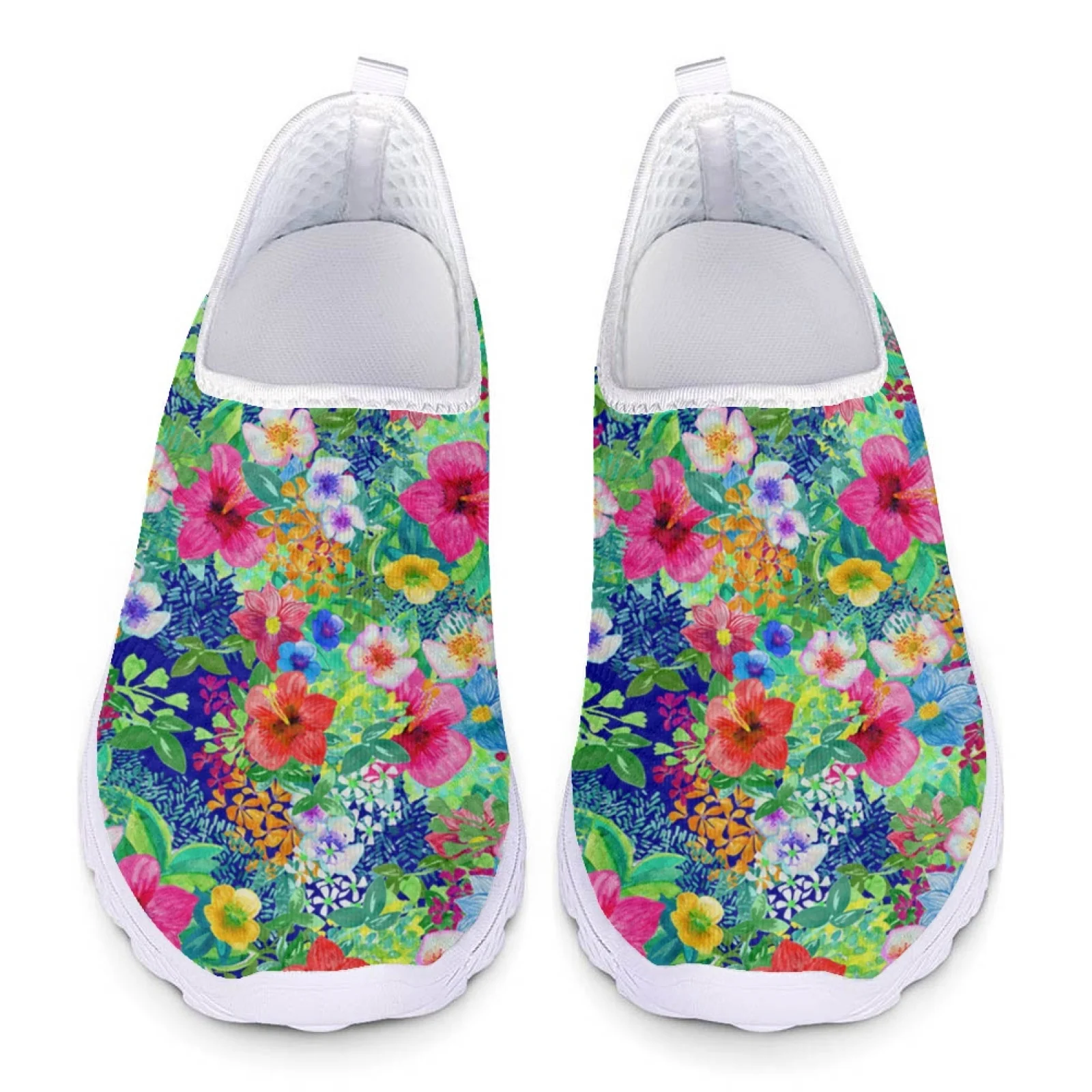 Pretty Tropical Flower Printing Women Flat Shoes Summer Breathable Slip-on Mesh Sneakers Lightweight Loafers Zapatos