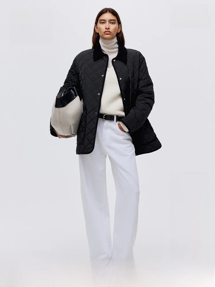 

H&M Women's Cotton Jaet Winter New Sle Diamond Stitching Loose Barn Sle American Coat Long Sve Regular Length Nylon ...