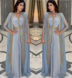 Moroccan Caftan Muslim Evening Dresses A-line Long Sleeves Chiffon Bead Dubai Arabic Turkey Abaya Islamic Prom Gown Customized