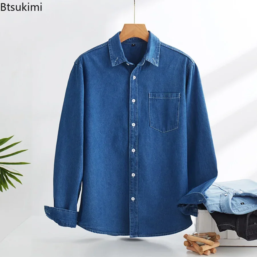 2024 Spring Autumn Korean Shirts for Men Single Breasted Cotton Washed Denim Shirts Causal Long-sleeved Clothes Top Shirts Male