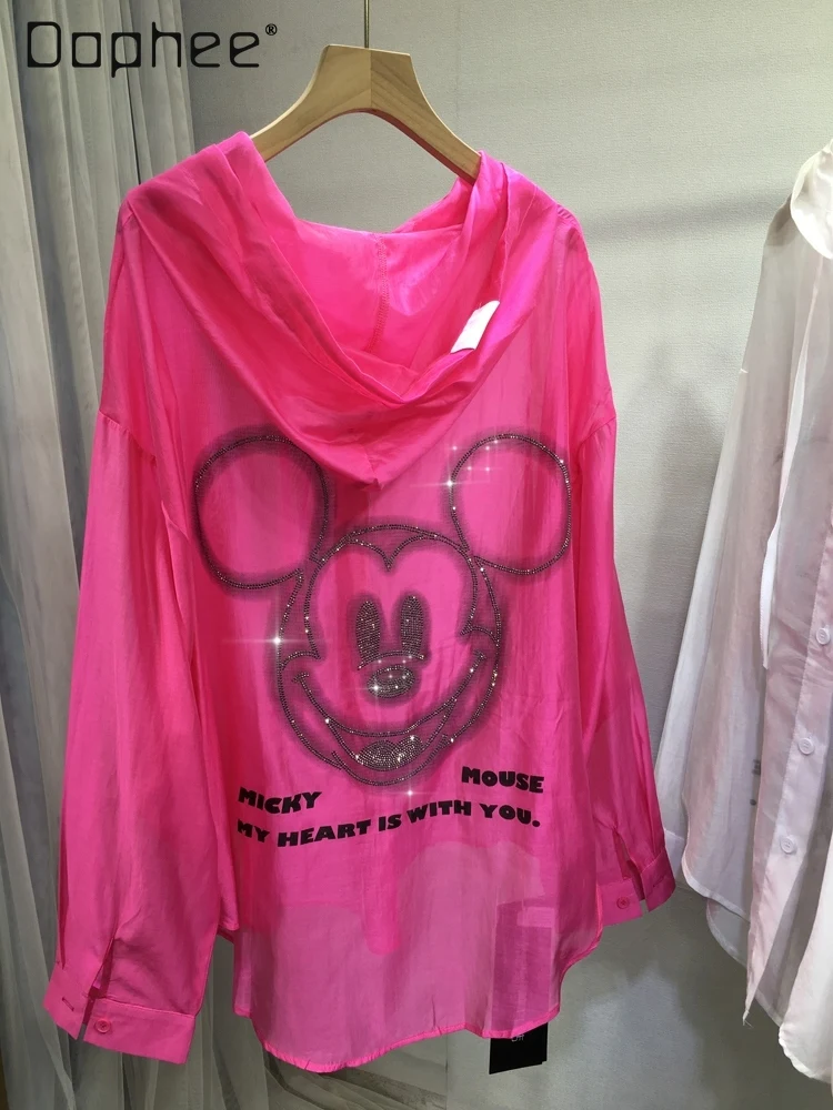 

Heavy Industry Hot Diamond Sunscreen Shirt Women's Loose Medium Length Summer Cardigan Hooded Blouse Cartoon Shirt Summer