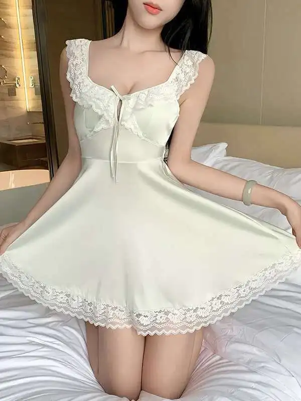 ชุดนอนฤดูใบไม้ร่วงผู้หญิงภาษาฝรั่งเศสคําผ้าไหมน้ําแข็งลูกไม้เซ็กซี่ผ้าฝ้ายBackless Elegant Sweet Tank Mini Dress Tops 2OZK