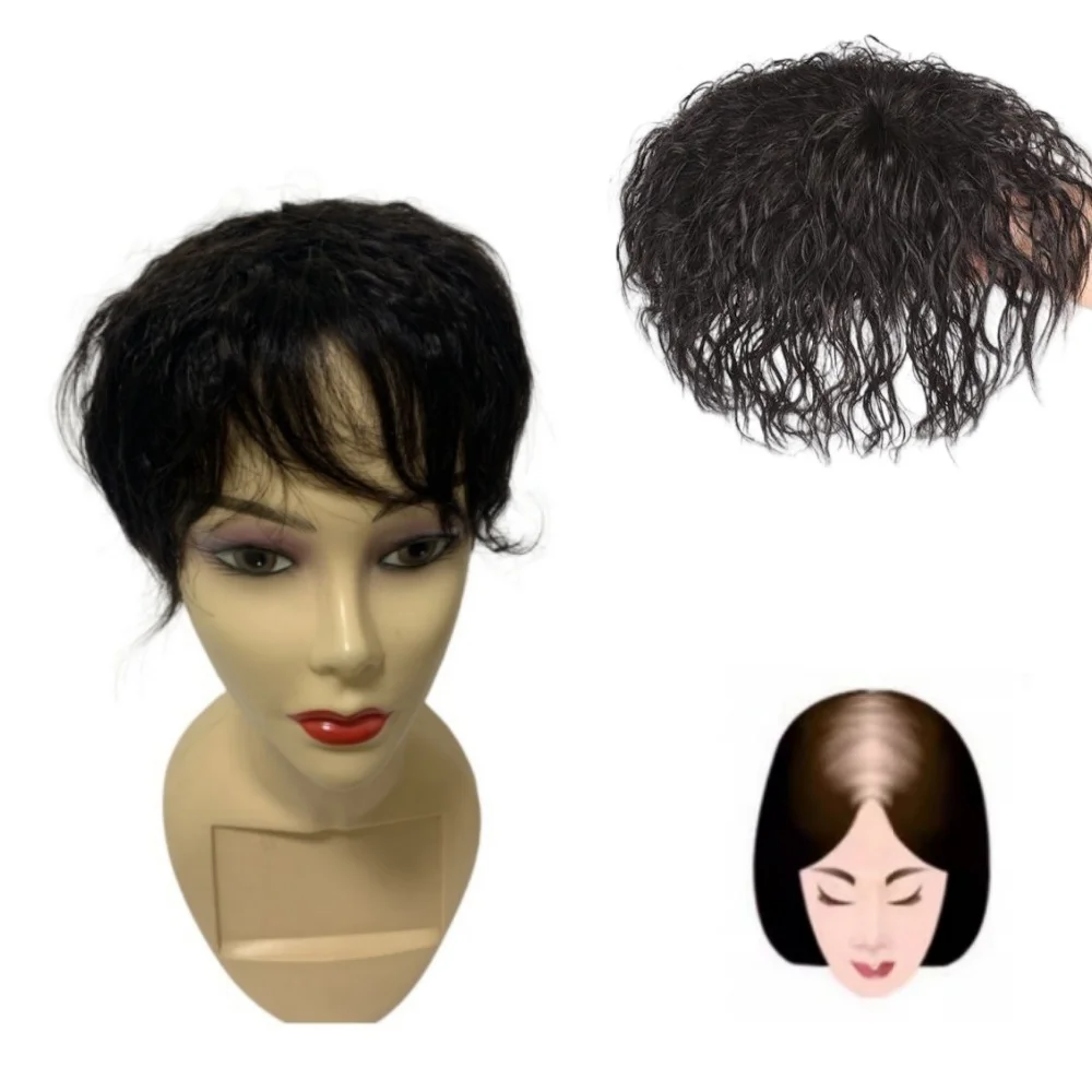 Topper Rambut Manusia Pendek Keriting dengan Poni untuk Wanita, Hairpiece Cornrow Alami, Rambut Bergelombang 15cm, Penutup Rambut Beruban