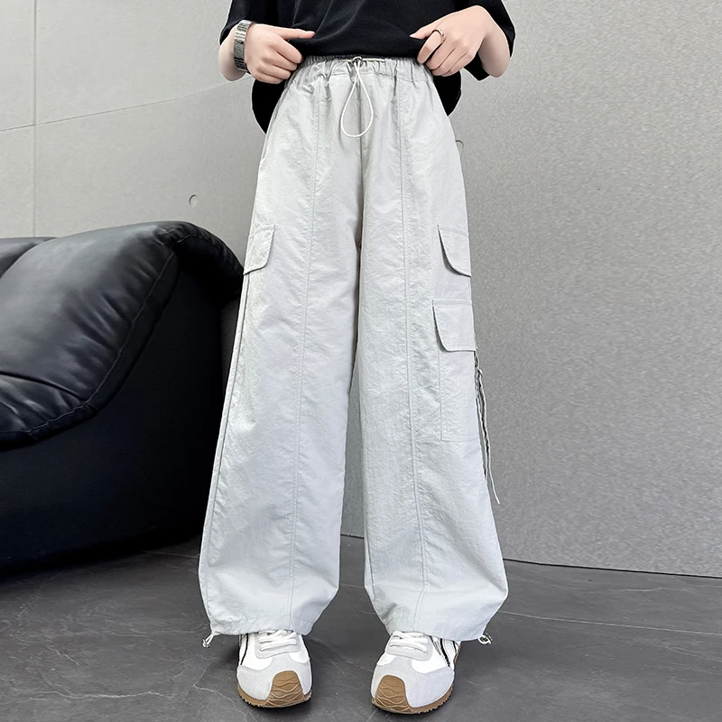 2025 New Summer Kids Loose Straight Cargo Pants for Tweens Girls Relaxed Fit Solid Beige Violet Color Casual Trousers Age 5-14Y