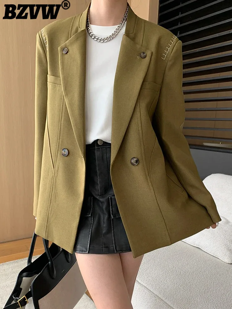 BZVW Korean Office Lady Blazer Women\'s Notched Double Breasted Solid Color Coats Versatile 2024 Autumn New Clothing 25A8859