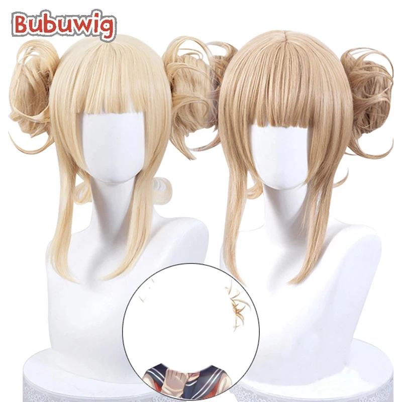 Bugwig Himiko Toga Cosplay peruki Anime Himiko Toga z bułeczkami 30cm krótkie blond syntetyczne peruki imprezowe odporne na ciepło