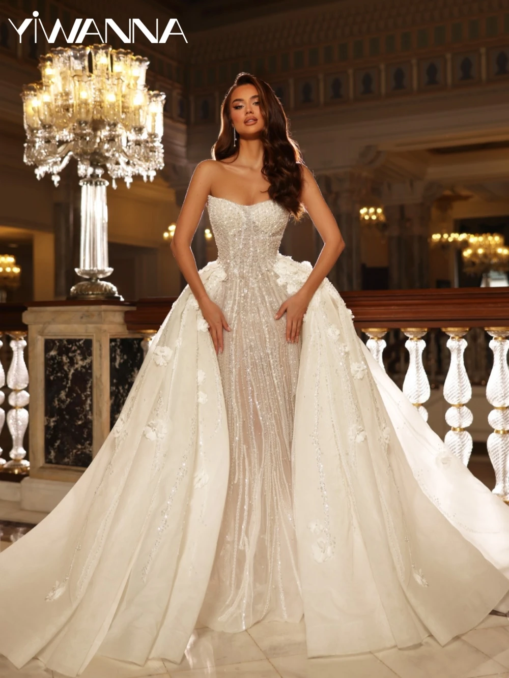 

Detachable Train Dazzling Beaded Wedding Dress Charming 3D Flower Mermaid Long Bridal Gown Customized Luxury Dresses For Bride