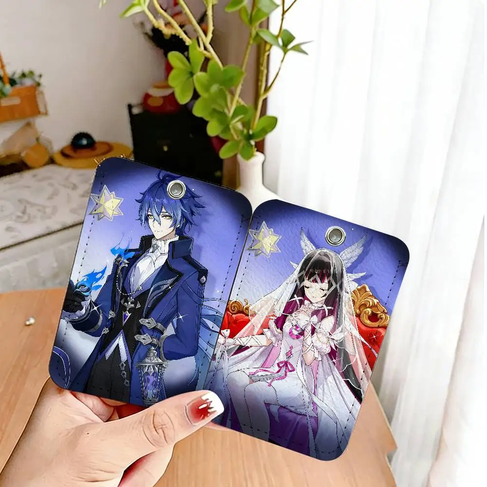 Genshin Impact Song of the Welkin Moon Rectangle ID Card Case Keychain Access Card Bag Key Leather Card Holder Key Ring Access