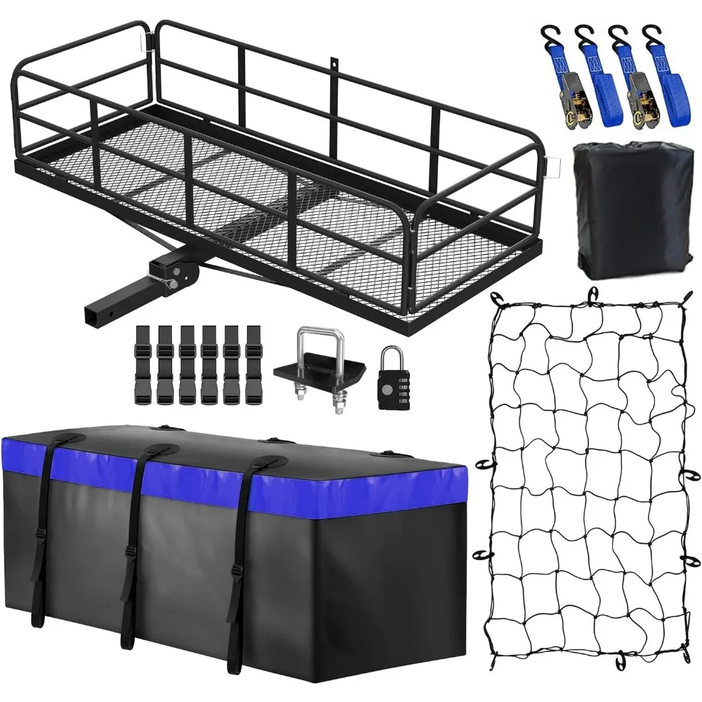 

60 x 24 x14 Hitch Cargo Basket, 500lbs Capacity Folding Cargo Rack with Net & Bag, Luggage Basket Fits 2" Receiver for Car, SUV