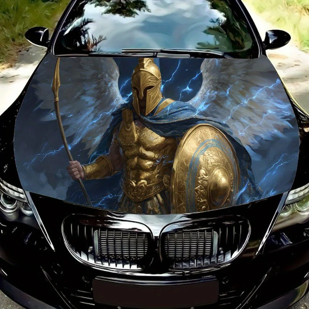 Greek God of War Descends Print PVC Car Vinyl Wraps, Self-Adhesive Waterproof Car Hood Decal Sticker, Car Decoration Protection