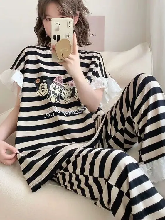 

plus Size Striped Lace Home Wear Set Casual Style Long Pants Short Sleeve Top Comfortable Polyester Sleepwear for Youth