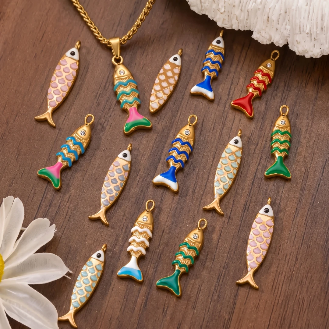 2 Stück/5 Stück Edelstahl-Ozean-Schmuckanhänger, 18K vergoldet, Emaille-Fisch-Tier-3D-Anhänger für DIY-Halsketten-Schmuckherstellung – Detail 1