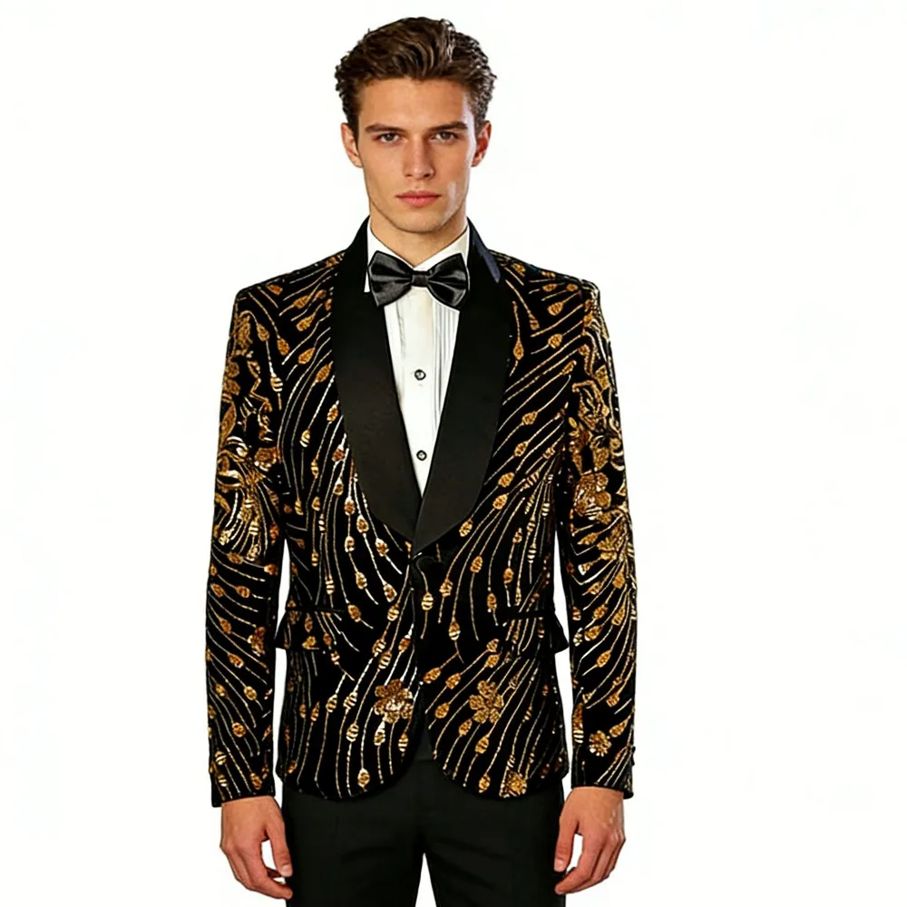 

High Quality Men's Black Gold Sequins Suit Jacket Velvet Slim Fit Groom Wedding Tuxedo Party Banquet Singer Concert Host Blazer