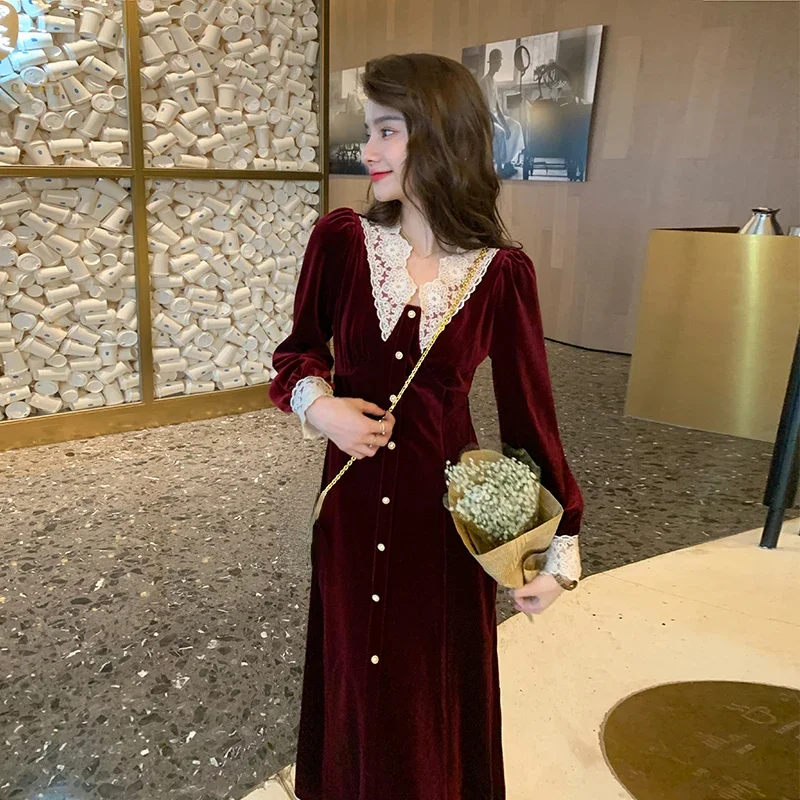 Spring Fall Women V Neck Lace Patchwork High Waited Full Sleeve Wine Red Velvet Dress , Woman Clothing Vintage Dresses