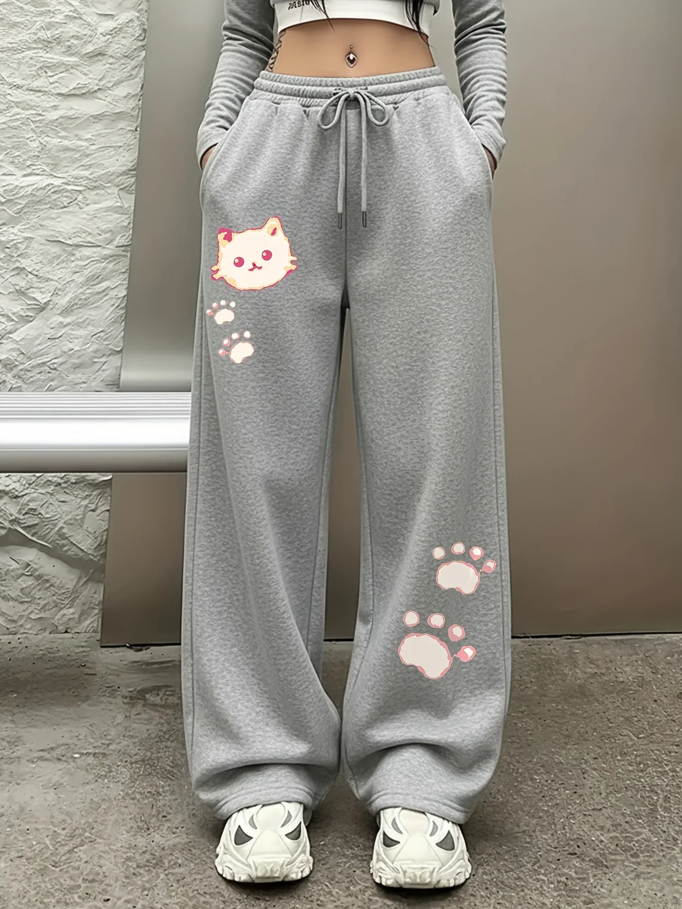 Best-Selling Product - Women's Fall/Winter Oversized Cute Cat Paw Pattern Loose Straight Fleece Joggers. Fashionable Street Styl