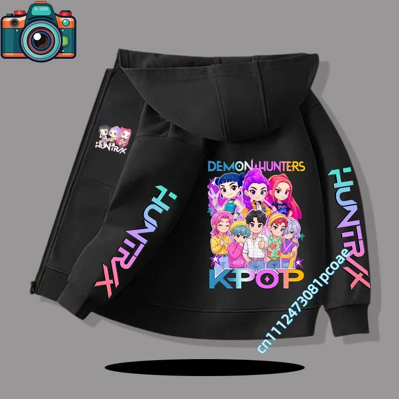 Concert girl casual top for children with hooded design, boy's sports shirt with cartoon print, winter season zipper style coat