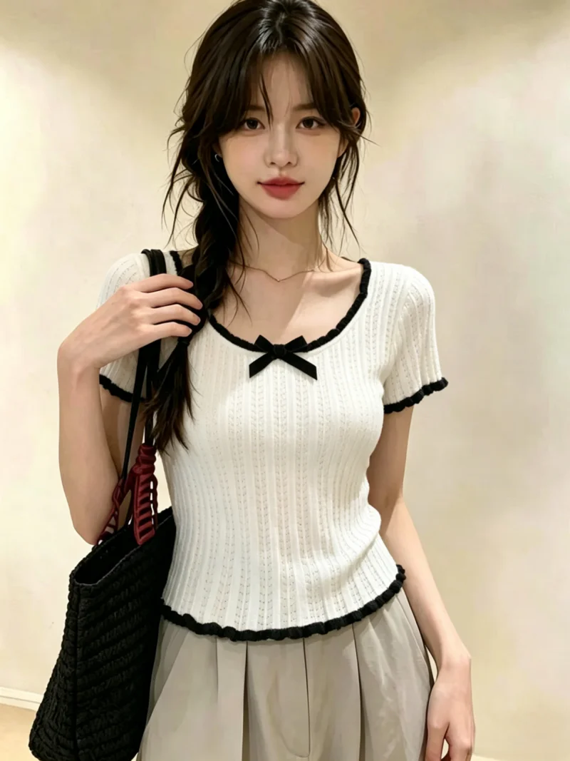 

Sweet Short Sleeve Knitted Knot Bordered Summer New Style Women's Self-Purchase Fashionable Korean Straight Cu...