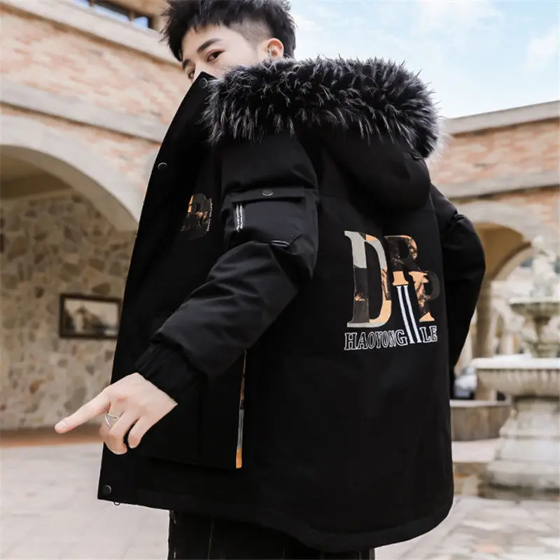 Winter New Men Down Cotton-Padded Coat Male Korean Style Hooded Thickened Thermal Outwear Casual Fashion Short Printed Outcoat