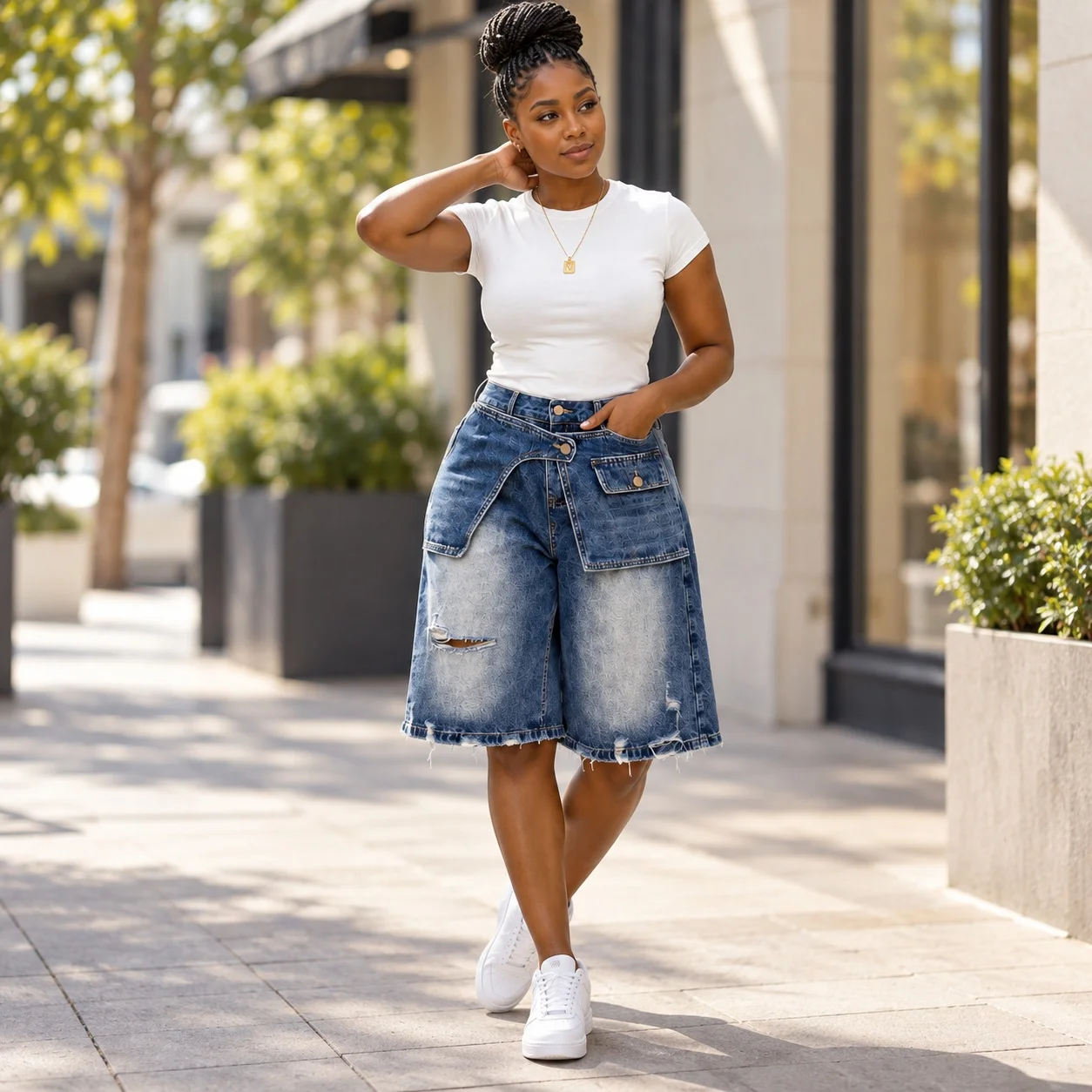 High Waist Ripped Jeans Mid Length Casual with Washed Jeans Shorts Regular Thickness Slight Stretch Casual Shorts for Women