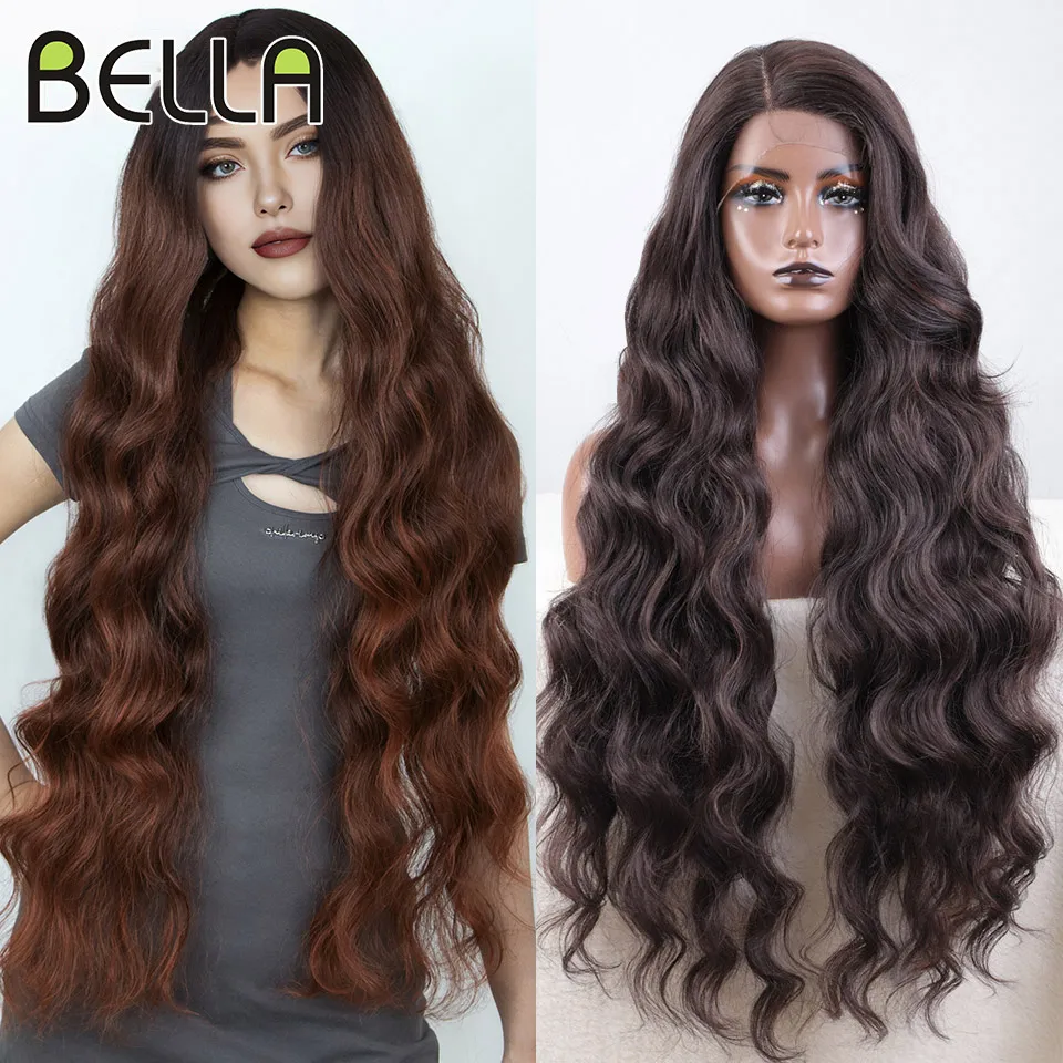 Bella 36 Inch Cosplay Wigs Synthetic Lace Front Wigs For Black Women Deep Wave Fiber Side Part Lace Wigs Super Long Wavy