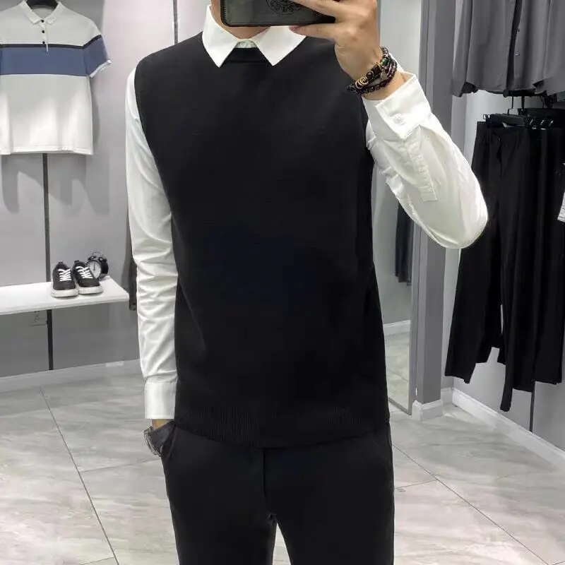 

Faionable Men's Knitted Sweater irt Collar All-Match Spring Autumn New Sle Korean Version Trendy Vest Outerwear