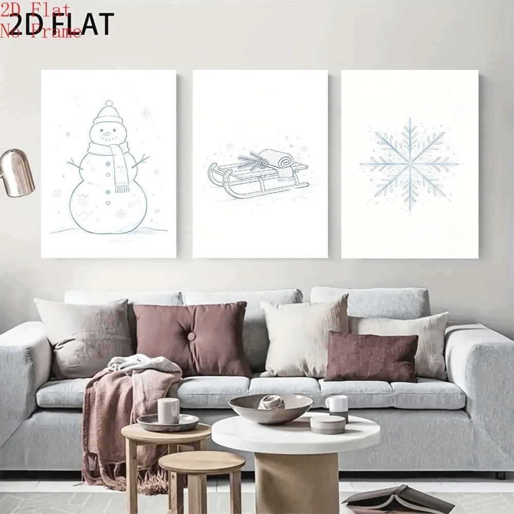 2D Flat, Posters And Prints, Light Blue Line Art Snowman Sled Snowflake 2D Flat Canvas Art, 3pcs Frameless Wall Decor, Minima