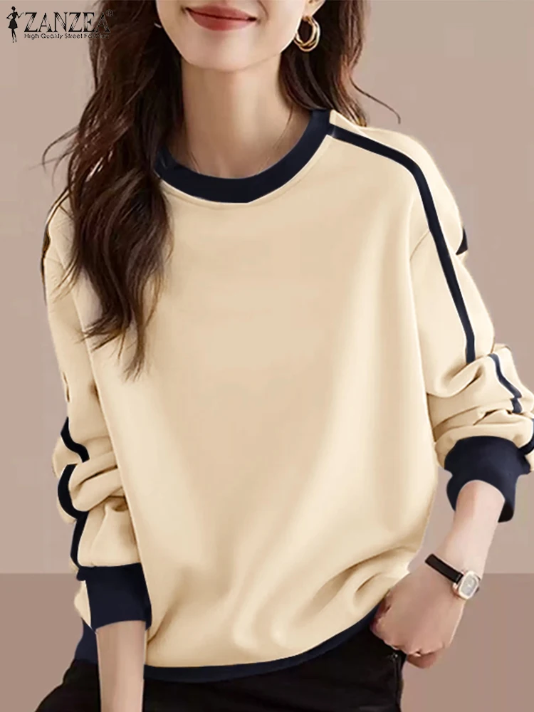 ZANZEA Frauen Kontrast Farbe Sweatshirts Herbst O Hals Langarm Patchwork Top Casual Streetwear Frühling Mode Hoodies Pullover