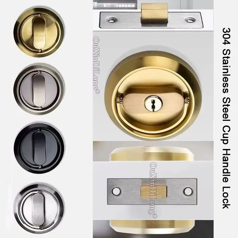 

Brand New 304 Stainless Steel Cup Handle Recessed Door Locks Invisible Hidden Entry Privacy Door Pulls Lock+Keys
