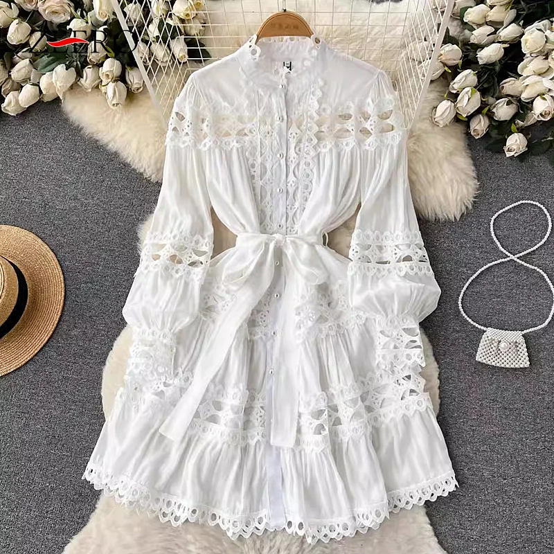 

High Quality Sexy Hollow Out Lace Patchwork Mini Dress Elegant Lady Casual Stand Neck Long Sleeve Belt Party Dresses Spring Fall