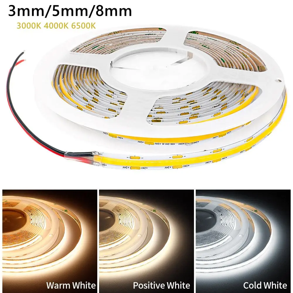 

3mm/5mm/8mm COB LED Strip Light 400Leds/m High Density Dimmable Flexible Linear LED Tape 3000K/4000K/6500K RA90 DC12/24V