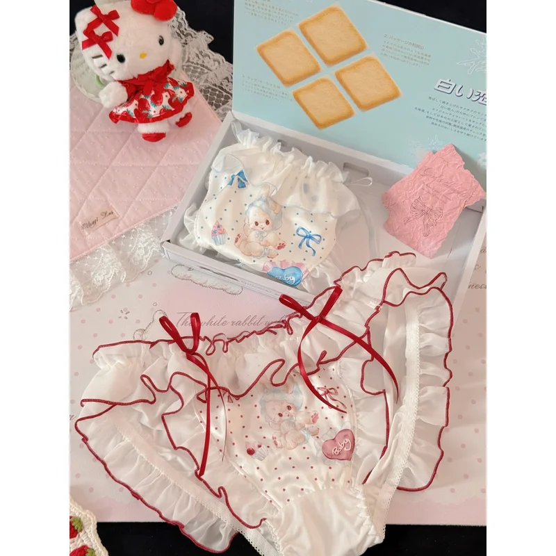 

Трусики в стиле Sweet Lolita с принтом кроликов и горошком, кружевными оборками, лентами и бантами, милые женские трусики с кавайным дизайном