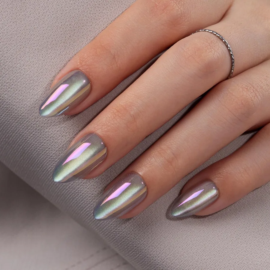 여성용 프레스온 네일, 숏 아몬드 오로라 효과 캣아이 네일 키트, 재사용 가능한 투명 소프트 젤 가짜 손톱 (접착제 및 큐티클 포함)