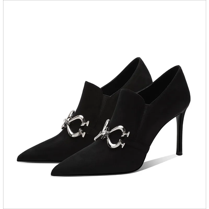 

2025 Black Suede High Heels Women Pointed Toe Stiletto Buckle Ankle Boots Shoes