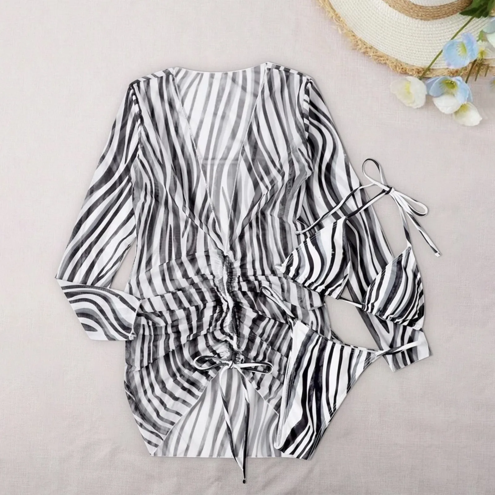 Women 3 Piece Bikini Set Sexy Bandeau Swimsuit Female Beachwear Bather Bathing Suit High Cut Swimwear Biquini Chiffon Cover Up