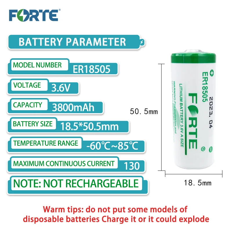 FORTE ER18505 3.6V lithium battery 3800mAh for smart water meter, heat meter, flow meter, smoke alarm