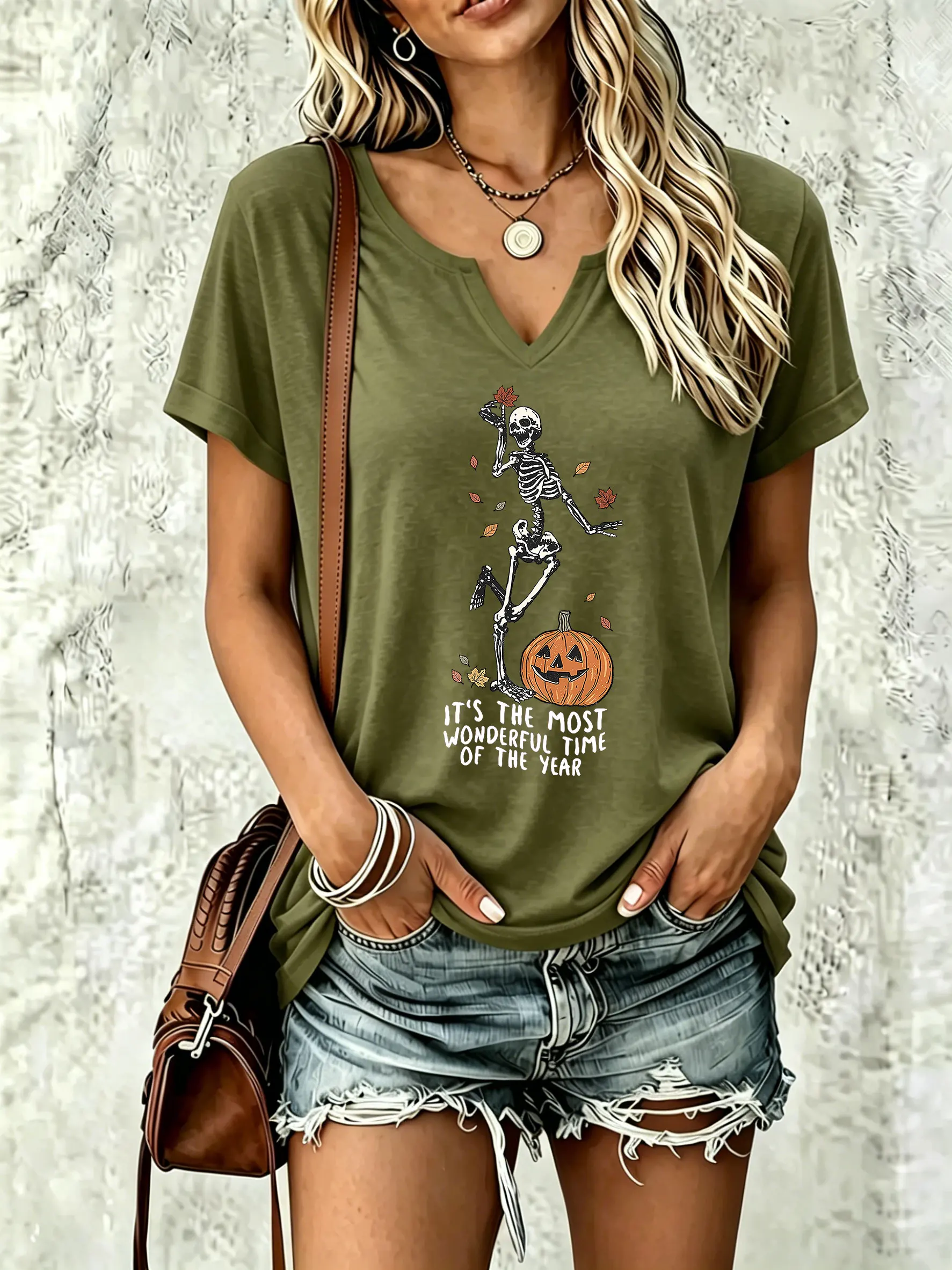 Women's V‑Neck Short Sleeve T‑Shirt, Dancing Skeleton with Pumpkin and Falling Maple Leaves Graphic, Casual Halloween Summer Tee