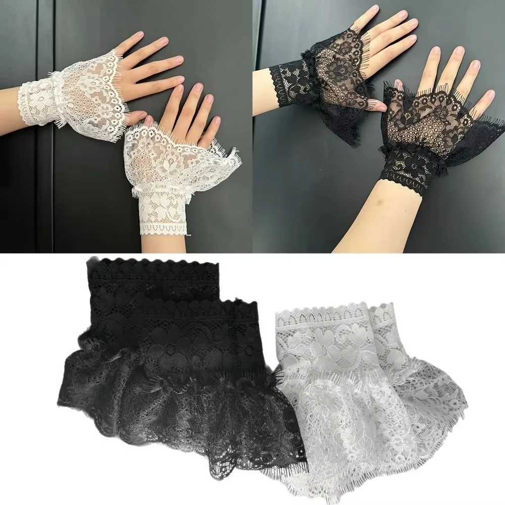 

1 Pair Lace Ruffles Fake Cuffs Floral Pattern Multi Layer Fake Sleeve White Black Pleated Flare Elbow Sleeve Cuff