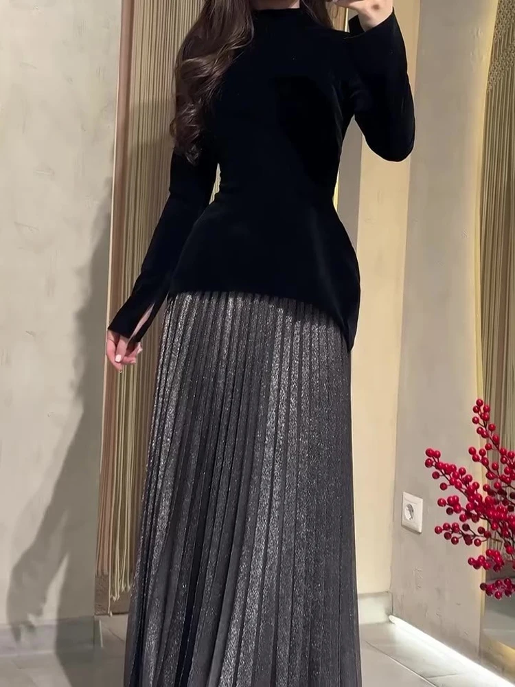 

Элегантный топ с полувысоким воротником и длинная юбка, женские повседневные однотонные костюмы из 2 предметов с длинными рукавами, модные драпированные наряды на шнуровке для вечеринок