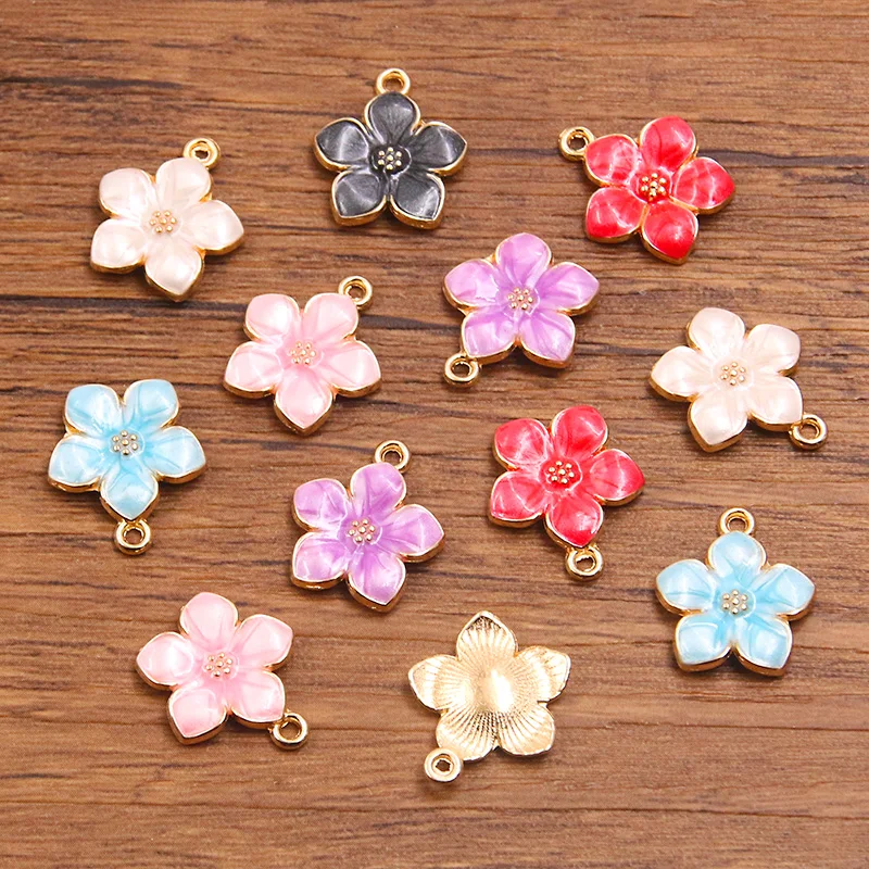 20pcs 14*16mm 6 Color KC Gold Alloy Metal Drop Oil Plant Charms Cherry Blossom Pendant For DIY Bracelet Necklace Jewelry Making