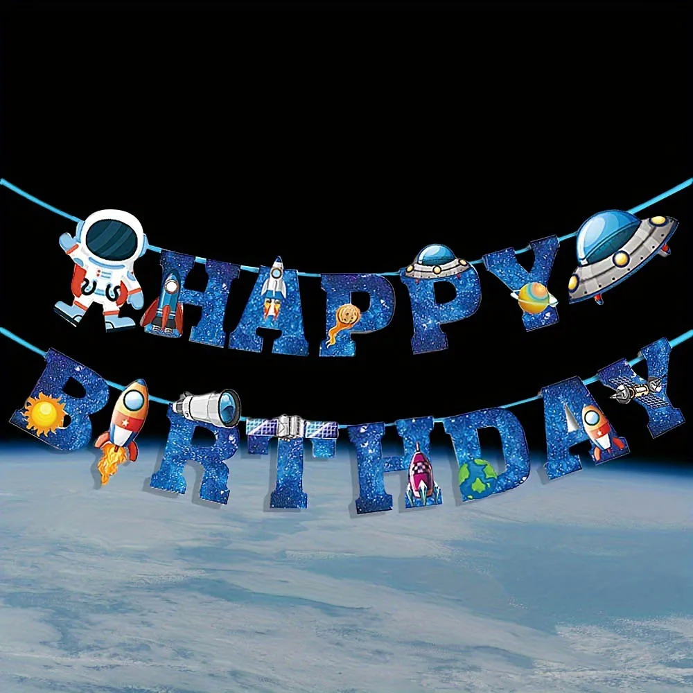 1Set Space Astronaut Happy Birthday Banner Rocket Astronaut Theme Cake Table Party Decoration Pull Flag Boy Party Decorations