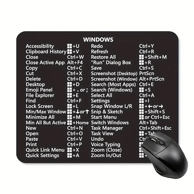 Black Windows 11 10 Word Excel Keyboard Shortcuts Mouse Pad Thickened 240X200X2mm Thick Computer Anti-skid Rubber Mouse Pad