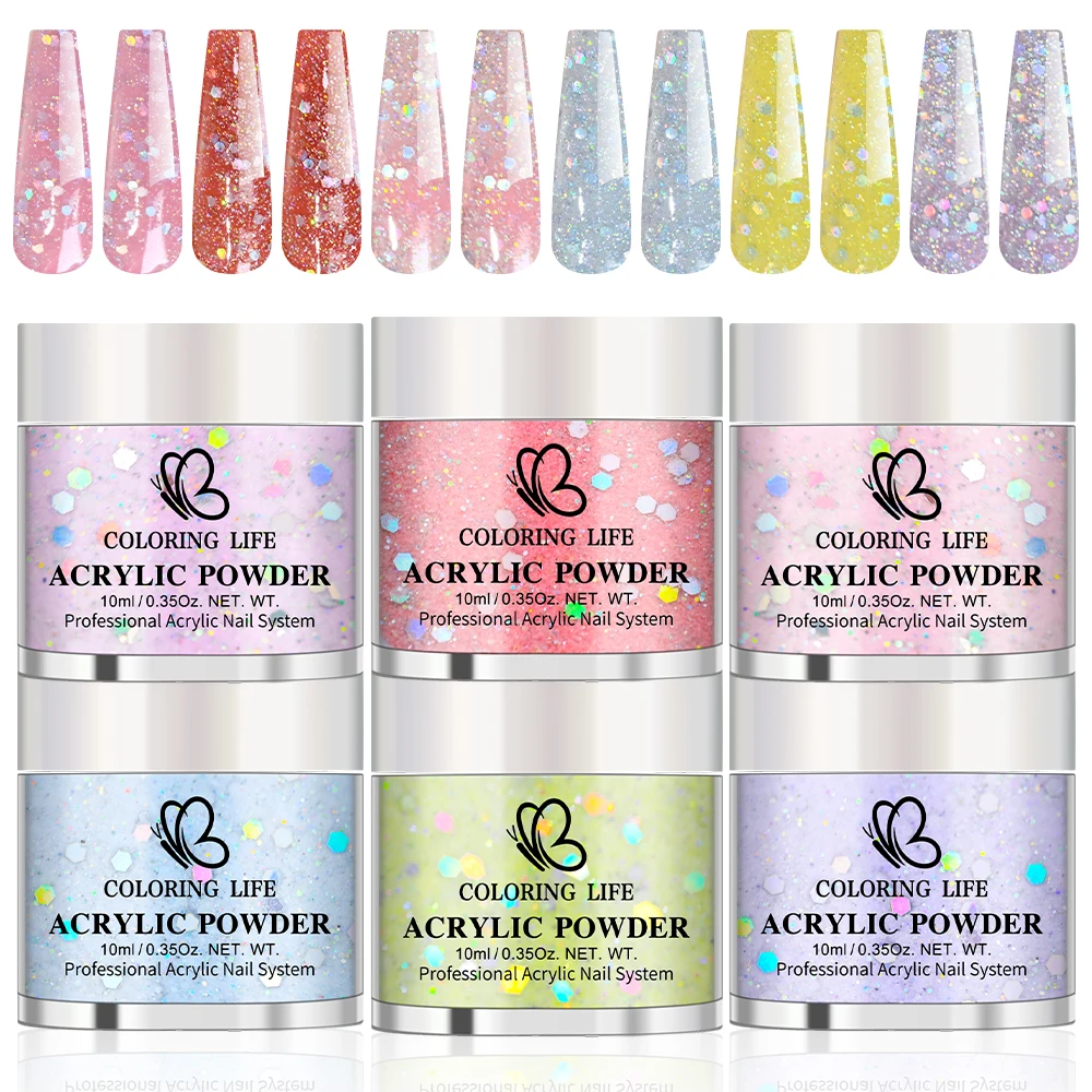 6pcs Color Sequins Dipping Nail Art Powder Natural Dry No Lamp Cure Nail Pigment Dust Gel Glitter French Acrylic Manicure DIY *^