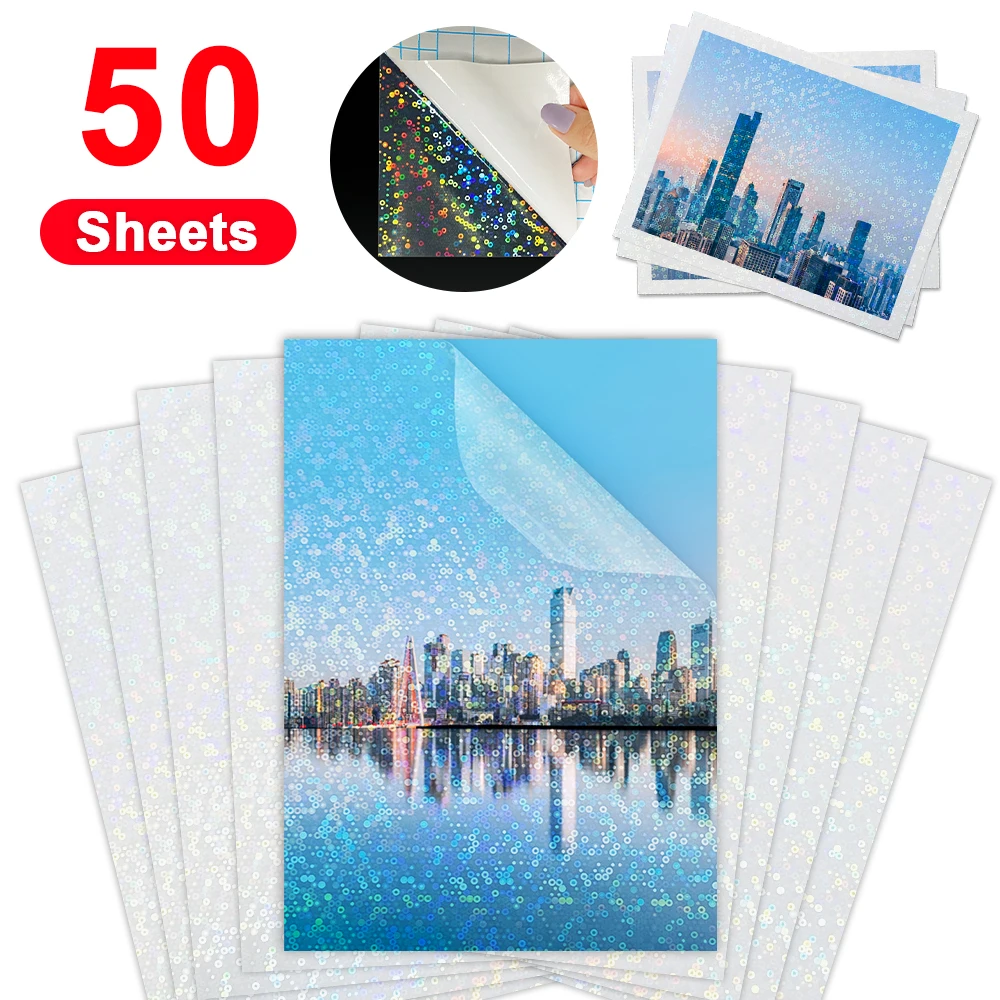 50 Sheets A4 Cold Laminating Film Holographic Sand Foil Adhesive Tape Back Stars Hot Stamping On Paper DIY Package Color Card