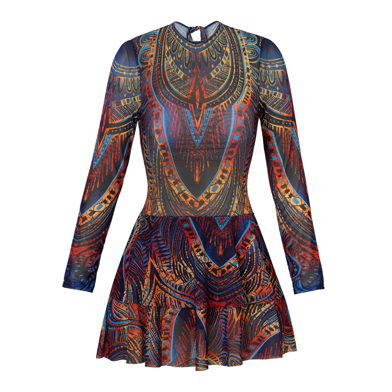 Women Bohemian Tribal Print Mini Dress Round Neck Long Sleeve Flared Hem A Line Short Dress Retro Ethnic Style Casual Vacation