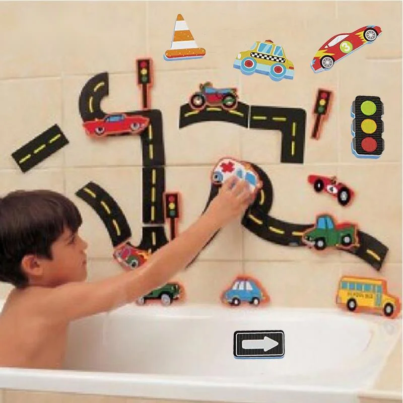 Rail Traffic Vehicle Bath Toys Soft EVA Kids Baby Bathroom Water Toys Early Educational Suction Up Bathing Toys For Children