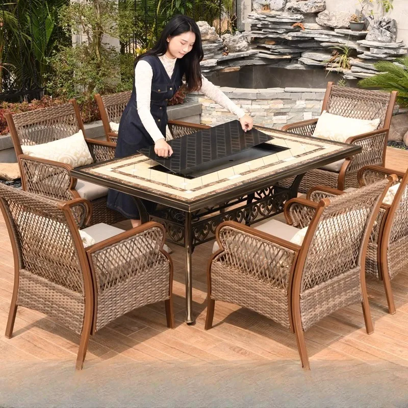 

Outdoor rattan chair rattan leisure courtyard balcony tea table combination outdoor yard garden villa terrace barbecue table and