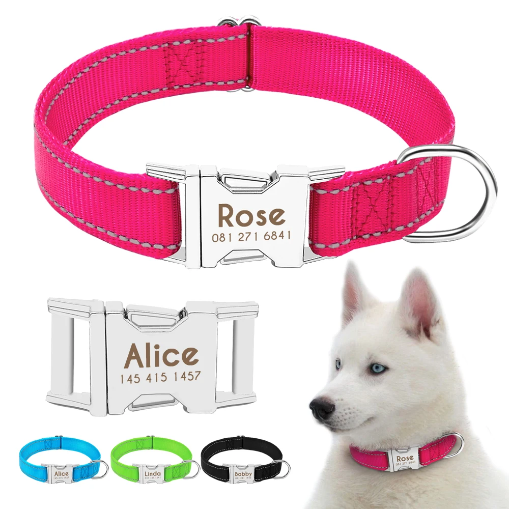 

Personalized Reflective Dog Collar Custom Nylon Pet ID Name Collars Small Medium Large Engraved Dogs Perro Collar Pets Products