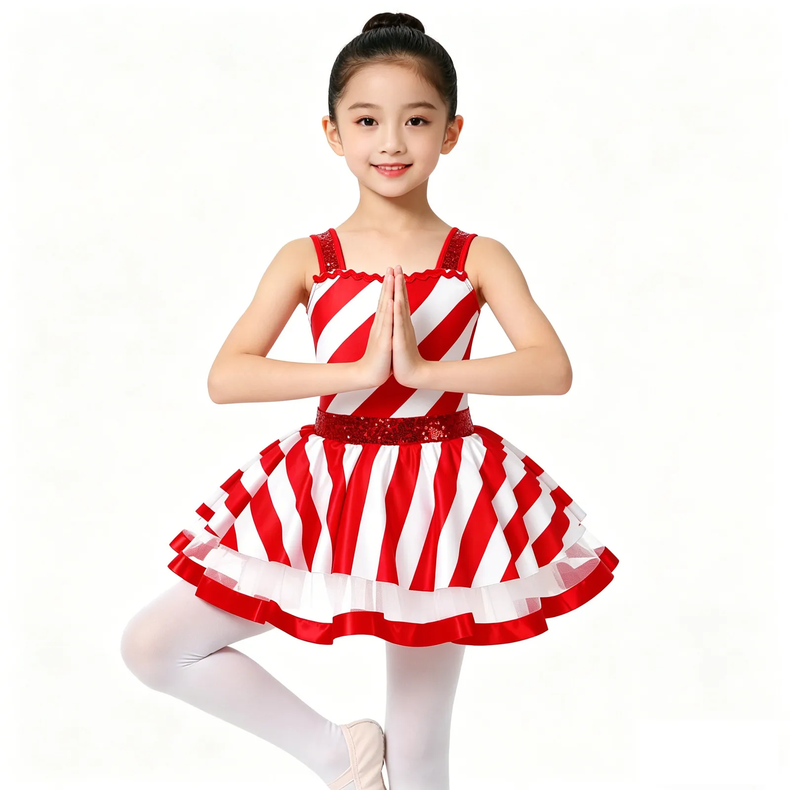 

Kids Girls Candy Cane Mrs Santa Claus Christmas Costume Ballet Tutu Dance Costume Artistic Figure Skating Twirling Leotard Dress