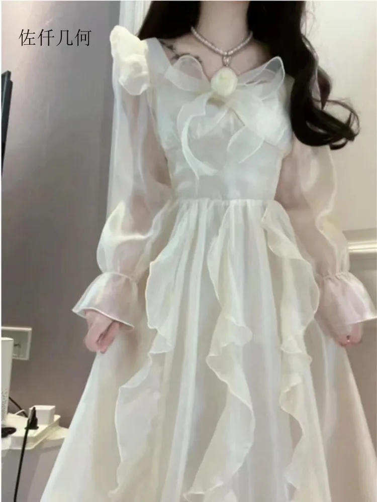 

New 2025 Solid Long Sleeved Princess Dress Woman French Style Sweet Bow Waist Mesh Dress Women